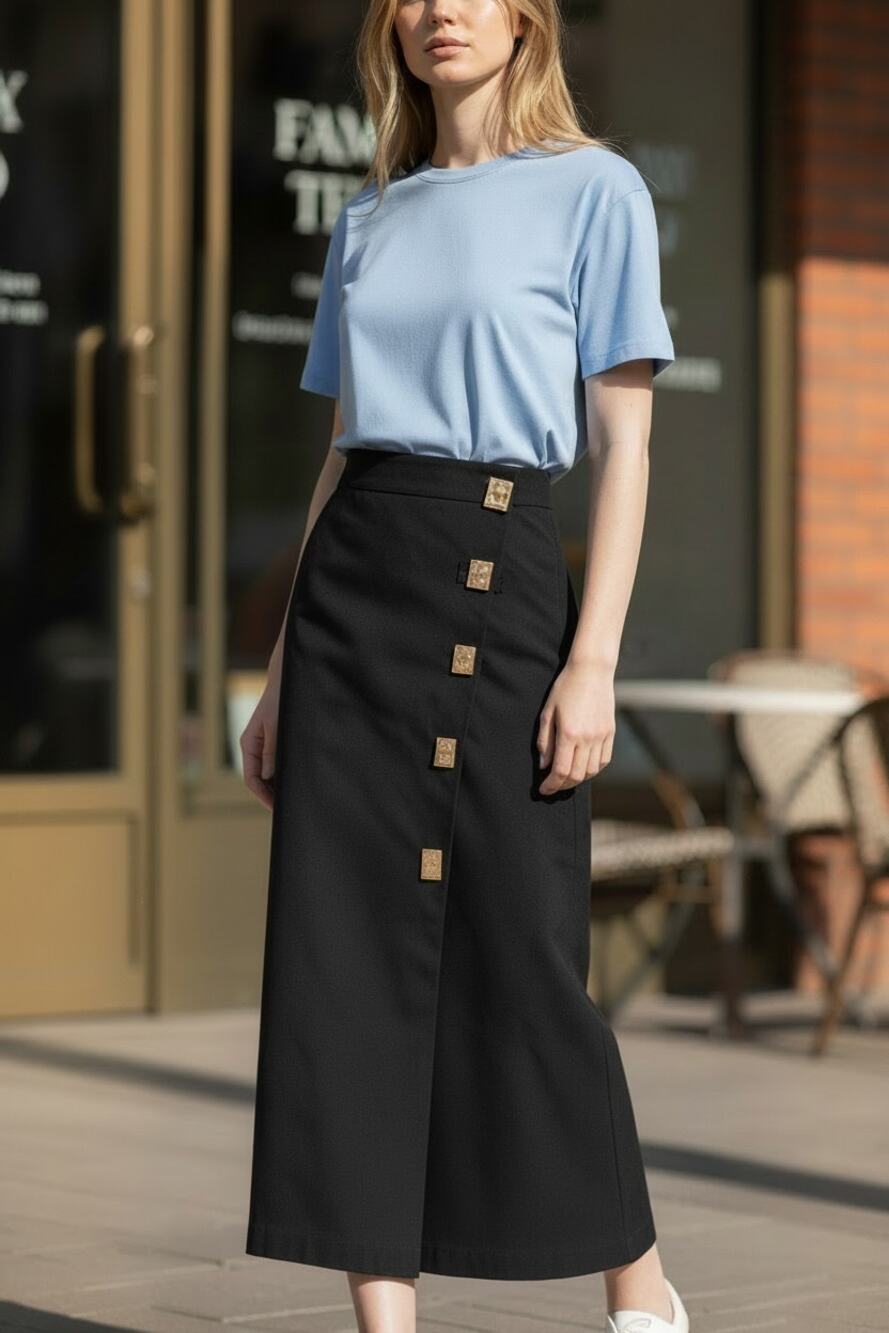 COMMENSE Skirt Size S Classic Black NEW Midi Asymmetrical Front